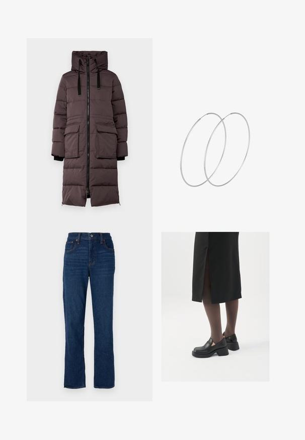 Dark brown puffer coat with a high neck, front zipper, two large pockets, and ribbed cuffs. Features horizontal stitching for insulation.; Gina Tricot SOFT TOUCH CROPPED TOP - Long sleeved top - pristine; Dark blue denim straight-leg jeans with a five-pocket design, orange stitching, and a button closure at the waistband.; Black leather shoes with a rounded toe, thick block heel, and elastic side accents, paired with dark tights and a black skirt with a slit.; Silver hoop earrings with a minimalist design. Circular shape, smooth texture, and thin profile. Lightweight with a polished finish.