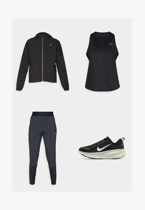Black lightweight jacket, zippered front, hooded design, elastic cuffs, side pockets, featuring a small logo on the left chest area.; Black sleeveless running tank top made of lightweight material with a round neck; features a subtle logo and side slits for breathability.; Nike athletic pants in dark gray, featuring a tapered leg design, elastic waistband, and accent details near the cuffs.; Black Nike running shoe with breathable mesh upper, white swoosh logo, textured detailing, and a cream-colored ZoomX midsole.