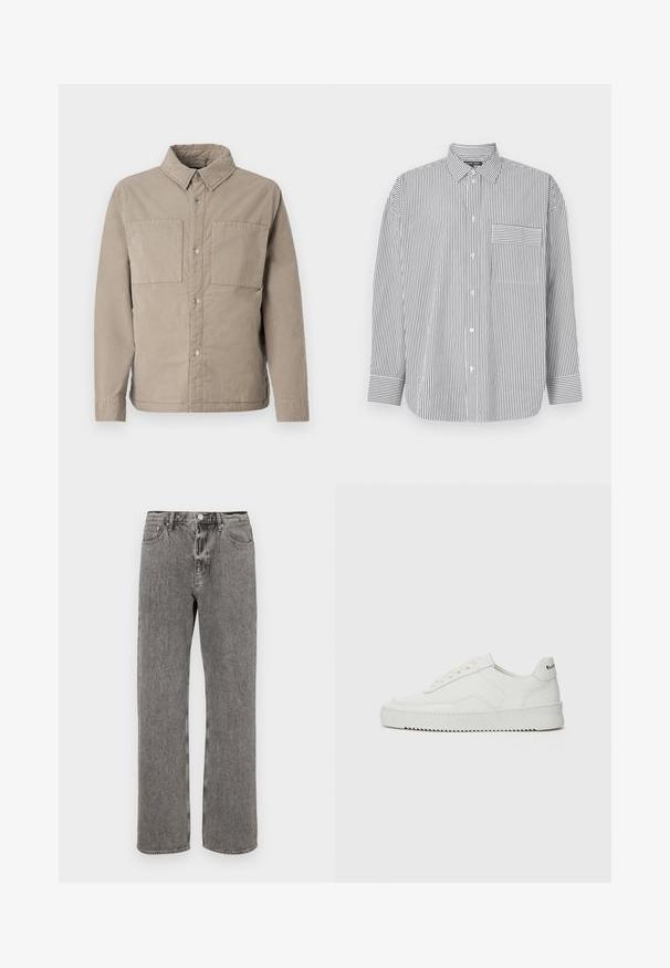 Beige nööbideta särk, mis on valmistatud tekstuuriga puuvillast, kahte rinnataskut, teravat kraed ja pikad varrukad nööpidega mansettidega.; Röstripeeritud nööbiga särk mustvalgena, pikakäistega, klassikalise kraega ja rinnataskuga, millel on horisontaalsed triibud.; Hallhalli teksased, millel on sirge lõikega jalg, viie tasku disain ja nööbiga sulgemine vöökoht. Kerge pleekinud tekstuur üle kogu.; Valge nahast tennis, millel on sile põhi, ümar varvas, lamedad nöörid ja tekstuuriline tall. Sisaldab diskreetset logo kontsaribal.