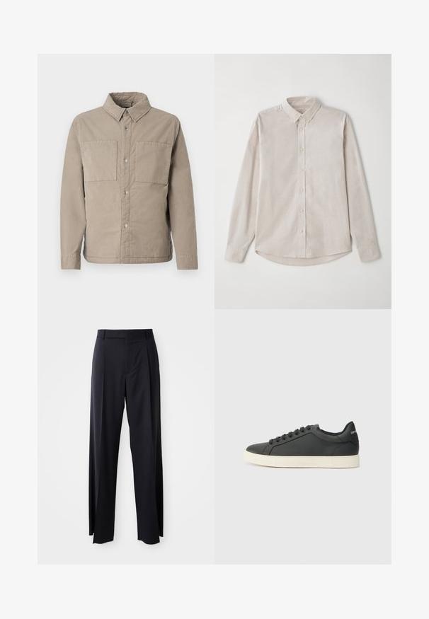 Cămașă bej, cu nasturi, din bumbac texturat, având două buzunare pe piept, un guler ascuțit și mâneci lungi cu manșete cu nasturi.; Cămașă lungă cu mâneci dintr-o țesătură moale, de culoare bej deschis. Prezintă un guler cu nasturi și o închidere centrală cu nasturi, având un tiv curbat.; Pantaloni negri, cu talie înaltă și croi evazat, dintr-un material fin. Prezintă pliseuri frontale și buzunare cu curea. Design minimalist, fără accesorii vizibile.; Sneaker din piele neagră cu profil joasă, vârf rotunjit și închidere cu șireturi; caracteristici o talpă din cauciuc texturat și detaliu cu logo pe toc.