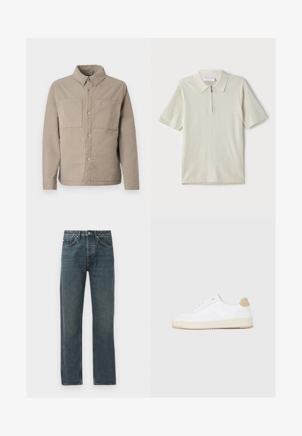 Beige skjorte med knapper laget av teksturert bomull, med to brystlommer, spiss krage og lange ermer med knapper.; Kortermet polo skjorte i lys beige med glidelås i kragen. Laget av glatt stoff, har et enkelt, moderne design uten mønstre.; Mørkeblå denimjeans med rett ben-design, med fem lommer, knappeåpning og kontrasterende sømdetaljer.; Hvite lave sneakers med overdel i teksturert skinn, kremfarget såle med ribber og en brunt fargeklatt på hælen. Har hvite lisser og logodetalj på hælen.