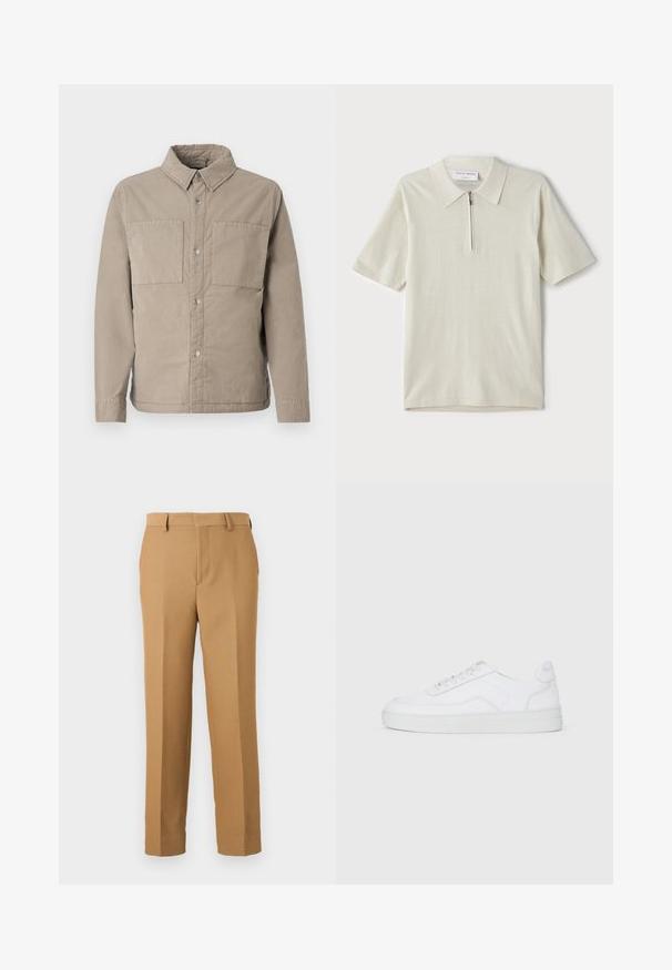 Krémová košile na knoflíky vyrobená z texturované bavlny, s dvěma náprsními kapsami, špičatým límcem a dlouhými rukávy s knoflíkovými manžetami.; Pánská polo košile s krátkým rukávem v světlé béžové barvě, s límcem na zip. Vyrobena z hladkého materiálu, s jednoduchým, moderním designem bez vzorů.; Beige kalhoty z tkané látky, s rovnými nohavicemi, plochým předním dílem a poutky na opasek. Hladký povrch bez viditelných vzorů.; Bílé nízké tenisky s šněrováním, hladkým svrškem a gumovou podrážkou na jednobarevném světlém pozadí.