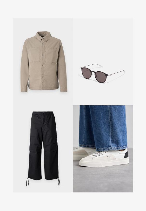 Camisa de botones beige hecha de algodón texturizado, con dos bolsillos en el pecho, un collar en punta y mangas largas con puños abotonados.; Camiseta de algodón negra con cuello redondo, mangas cortas y el logo de "EMPORIO ARMANI" en blanco sobre "Milano" en un diseño curvado.; Pantalones cargo negros hechos de una tela ligera, con piernas anchas, cinturilla elástica y cordones ajustables en los puños. Dos bolsillos laterales.; Zapatillas blancas y negras con una parte superior de cuero suave, acentos texturizados y una suela blanca gruesa. Presenta un diseño clásico de cordones.; Gafas de sol redondas negras con lentes oscuros y brazos metálicos delgados. Incluye puntas de varilla transparentes y acentos plateados en la bisagra. Diseño minimalista.