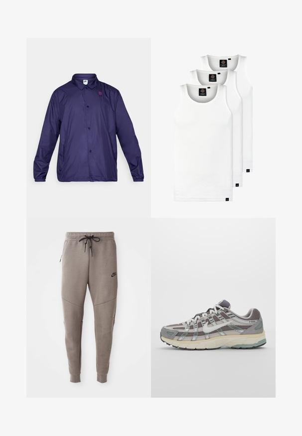 Jachetă din nailon purpuriu cu guler, nasturi în față și manșete elasticizate. Are un mic logo pe piept și buzunare laterale.; Trei maieuri albe ribbate din bumbac. Au un guler rotund și etichete negre mici lângă tiv. Disponibile în mai multe mărimi.; Pantaloni de trening gri Nike cu un braț de strângere la talie, picioare conice, buzunare laterale și detalii de cusătură distincte. Material moale, texturat.; Pantofii sport gri sunt realizați dintr-un amestec de plasă și piele întoarsă, cu accente albe, o talpă bine îmbrăcată și un design distinctiv cu elemente reflectorizante.