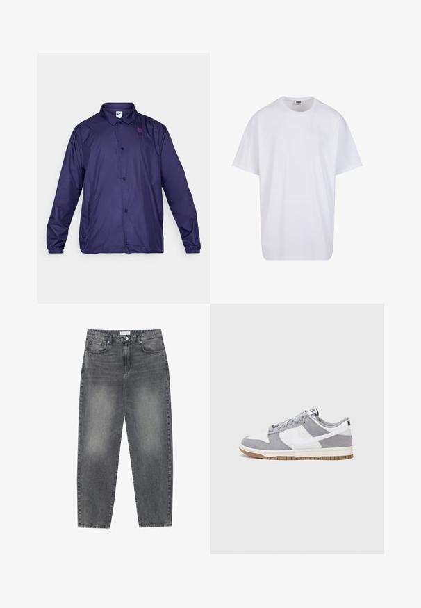 Ljubičasta nylon jakna s ovratnikom, prednjim gumbima i elastičnim manžetama. Ima mali logo na prsima i bočne džepove.; Bijela pamučna majica s kratkim rukavima, zaobljenim izrezom, opuštenog kroja, bez vidljivih logotipa ili uzoraka. Glatka tekstura i minimalni dizajn.; Traperice visokog struka, širokog kroja u izblijedjelom crnom denimu. Imaju pet džepova, petlje za remen, i čist, ravni kroj nogu.; Sivi i bijeli tenisice s gornjištem od antilopa i kože, okruglim vrhom, ravnim vezicama i gumenim potplatom s dodatkom boje gume.
