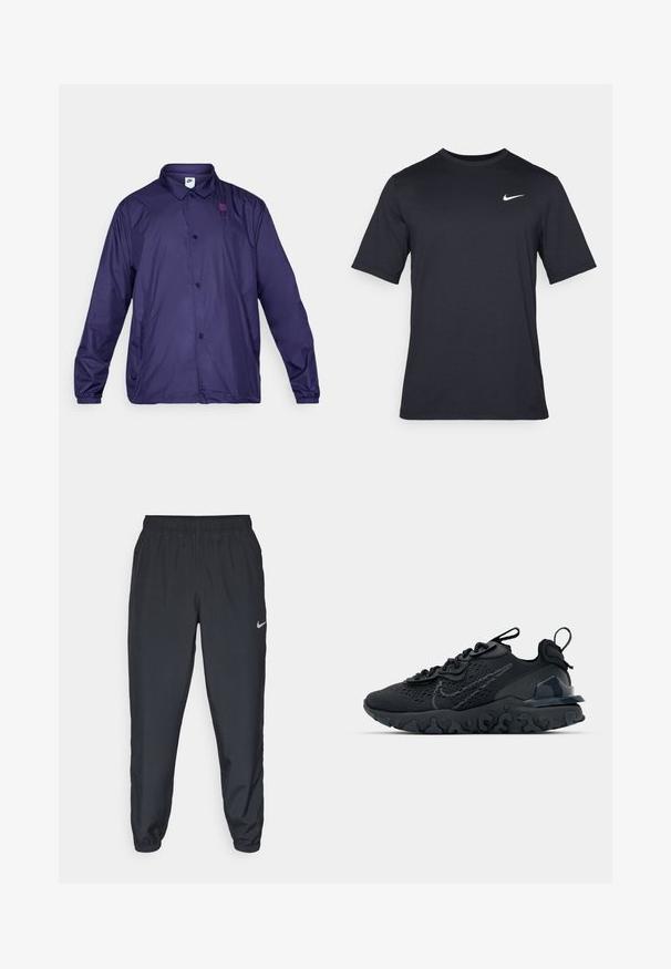 Purple nylon jacket with a collar, front buttons, and elasticized cuffs. Features a small logo on the chest and side pockets.; Black short-sleeve Nike t-shirt made of smooth fabric, featuring a white swoosh logo on the upper left side, crew neckline.; Black track pants made from lightweight fabric with an elastic waistband, ankle cuffs, and a discreet Nike logo on the left side.; Black athletic shoe with a breathable mesh upper, textured accents, and a wavy rubber sole. Features reflective logo and lacing system.