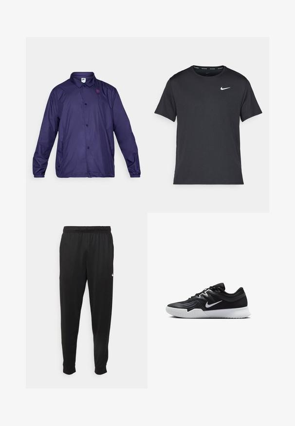Violetinės nailono striukės su apykakle, priekiniais mygtukais ir elastinėmis rankovėmis. Striukė turi mažą logotipą ant krūtinės ir šonines kišenes.; Juodas Nike bėgimo marškinėlis, pagamintas iš lengvos, kvėpuojančios medžiagos, turintis trumpas rankoves ir mažą baltą logotipą ant krūtinės.; Juodi sportiniai kelnės, pagamintos iš lygaus audinio, turinčios elastinę juosmenį, siaurėjantys sijonai ir mažas baltas logotipas kairėje pusėje.; Juodos sportinės bateliai su tekstūruota viršutine dalimi, balta Nike swoosh ir balta gumine išorine dalimi. Yra su raištelių užsegimo dizainu ir dinamine forma.