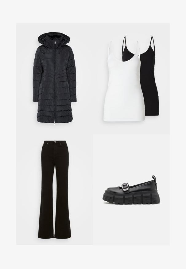 Fekete puffernadrág kapucnival, vízszintesen steppelt textúrával, teljes hosszúságú cipzárral és oldalsó zsebekkel a praktikusabb használat érdekében.; Két női top: az egyik fehér, a másik fekete, puha anyagból készült, vékony pántokkal és mély V-kivágással.; Magas derekú fekete trapéz farmer, gombos záródással, oldalsó zsebekkel és sima textúrával.; Fekete platform loaferek lekerekített orral, sima bőrből készült felsőrésszel, állítható csattal és vízszintes bordázattal ellátott gumitalppal.