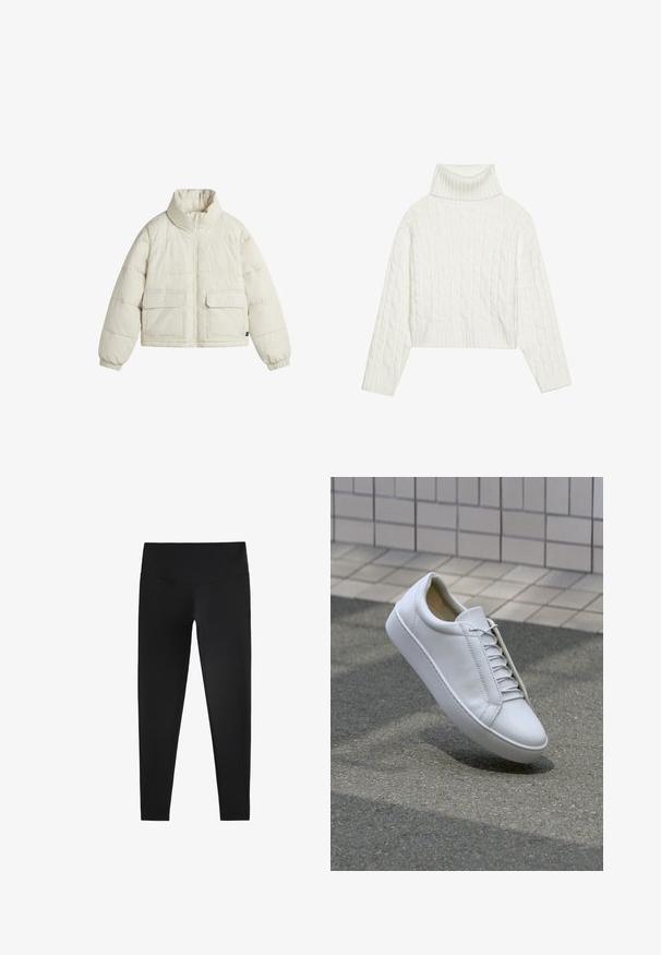 Kurtka puchowa w odcieniu off-white, z wysokim kołnierzem, zapięciem na zamek oraz dwiema przednimi kieszeniami z klapami. Gładka tekstura z przeszytymi sekcjami.; Biały sweter z golfem o splocie warkoczowym, o skróconym kroju, z prążkowanymi mankietami i dolnym wykończeniem. Miękka faktura z przytulnym, grubym wzorem.; Czarne legginsy wykonane z elastycznej tkaniny, z wysokim stanem i gładką fakturą, zaprojektowane dla wygody i elastyczności.; Białe skórzane sneakersy z okrągłym noskiem, płaską podeszwą i sześcioma parami otworów na sznurówki. Gładka faktura i minimalistyczny design z detalami szycia.
