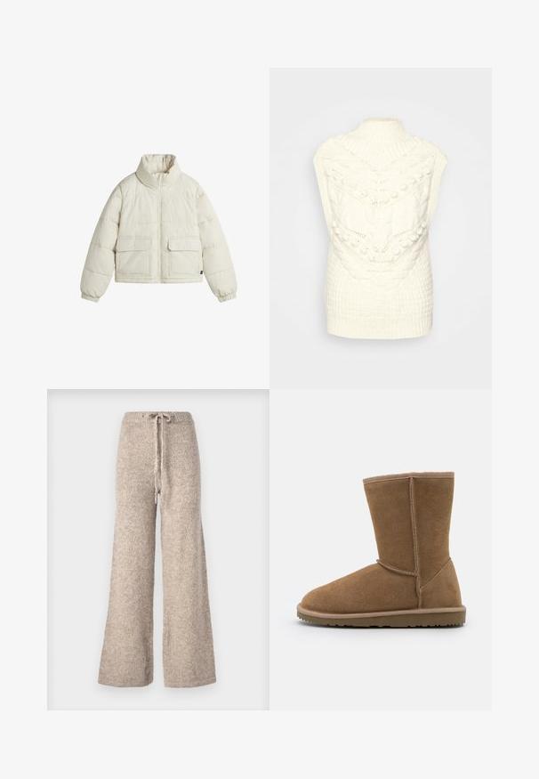 Kappa i off-white med hög krage, dragkedjestängning och två frontfickor med lock. Slät yta med sömnadstycken.; Krämfärgad stickad väst med hög ribbad krage och texturerade mönster, inklusive flätor och bollar, vilket ger ett mysigt utseende.; Beige vida byxor i texturerat stickat tyg, med en dragsko i midjan och en avslappnad passform.; Bruna mocka anklar med rundad tå, vertikala sömmar och en platt gummisula. Designen har sömmar runt öppningen.