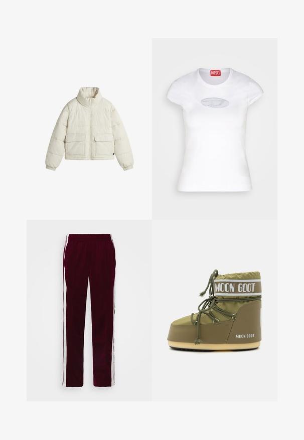 Puffjacke in Off-White, mit hohem Kragen, Reißverschluss und zwei Vordertaschen mit Klappen. Glatte Textur mit genähten Abschnitten.; Weißes, enganliegendes T-Shirt aus Baumwolle mit rundem Ausschnitt und kurzen Ärmeln, versehen mit einem hellblauen, gestickten Logo auf der Vorderseite.; Burgunderfarbene Sporthosen mit einem Kordelzugbund, weißen Seitenstreifen und einer schmalen Passform. Hergestellt aus einem glatten, leichten Stoff.; Moon Boot ICON LOW UNISEX - Snowboot/Winterstiefel - khaki