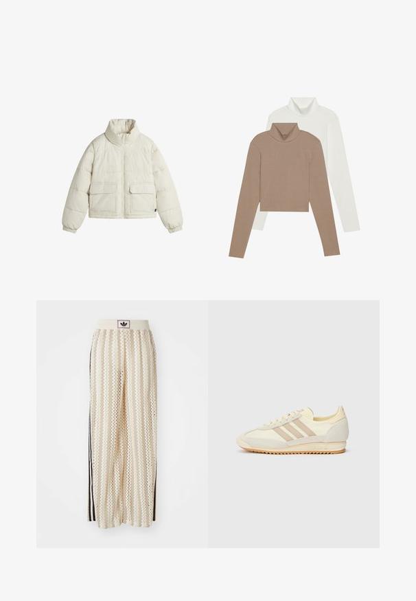 Giacca a vento in bianco sporco, con colletto alto, chiusura con zip e due tasche frontali con alette. Texture liscia con sezioni cucite.; Due maglioni a collo alto: uno in morbido marrone con una texture a coste e uno in bianco liscio. Entrambi presentano maniche lunghe e un design cropped.; Pantaloni a gamba larga color crema con un motivo a zigzag, dotati di una fascia in vita nera con logo e strisce nere laterali. Tessuto leggero e testurizzato.; Sneaker sportivo crema con tre strisce beige, materiali in suede e tessuto, suola testurizzata e logo in rilievo sul tallone.