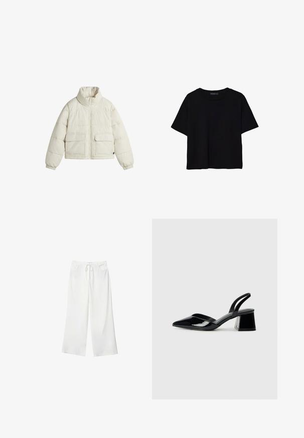 Puffjakke i off-white med høj krave, lynlåslukning og to frontlommer med klapper. Glat tekstur med quiltede sektioner.; Sort kortærmet T-shirt lavet af bomuld. Har rund hals og en løs pasform med en glat, ensfarvet tekstur. Ingen synlige mønstre eller detaljer.; Hvide bukser med vidde lavet af blødt stof, med bindebånd i taljen og to forlommer. Glat tekstur og uden synlige mønstre.; Sorte patentlæder slingback hæle med spids tå og en geometrisk blok hæl. Har et elegant, minimalistisk design og en glat tekstur.