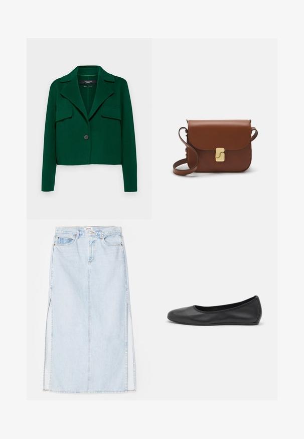 WEEKEND MaxMara KELLY - Vasaras jaka - verde; Balts kokvilnas T-krekls ar apaļu kakla izgriezumu un īsām piedurknēm, tam ir brīvs piegriezums un minimālistisks dizains. Vēl redzama birka pie kakla.; Gaiši zilā denima maksi svārki ar taisnu griezumu, ar sānu šķēlēm un piecu kabatu dizainu. Izteikta izšūšana un metāla pogas aizdare.; Melna ādas baleta kurpe ar noapaļotu purngalu, gludu tekstūru, minimālu šuvju detalizāciju un elastīgu zoles dizainu.; Bordo ādas rokas soma ar atloku, zeltītām detaļām, plecu siksnu un gludu virsmu. Kompakta, taisnstūrveida forma.