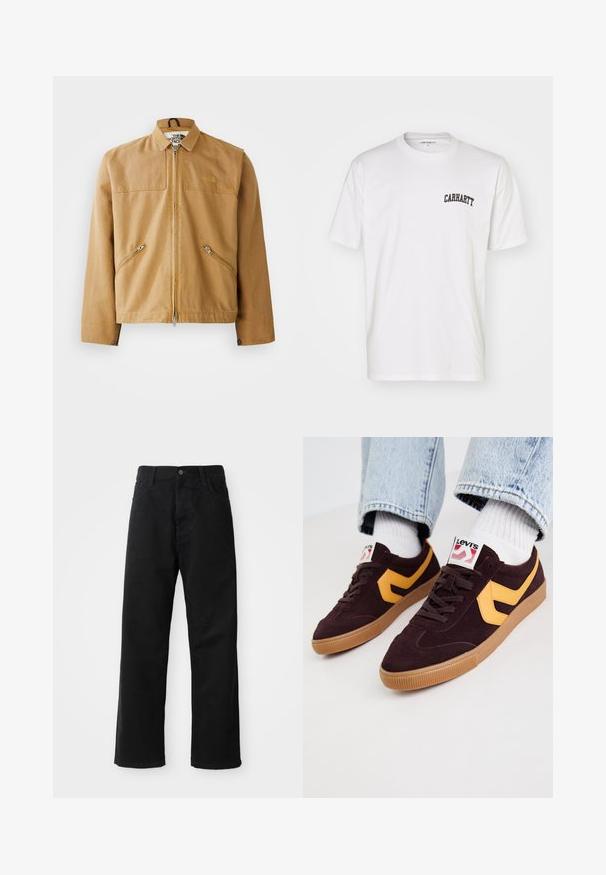 Brun zip-front jakke med krage, to skrå lommer og en logo på venstre bryst. Laget av glatt, slitesterkt stoff.; Hvit bomulls T-skjorte med korte ermer og rund hals. Har en svart "Carhartt" logo trykt på den øvre venstre brystområdet.; Svart denimbukser med rett snitt, med frontlommer, glidelåsgylf og en enkelt knapp i toppen. Teksturert stoff med matt overflate.; Mørke burgunder ruskindsnikkerter med gule læderdetaljer, gummisål og hvide snørebånd. Branding synlig på tungen.