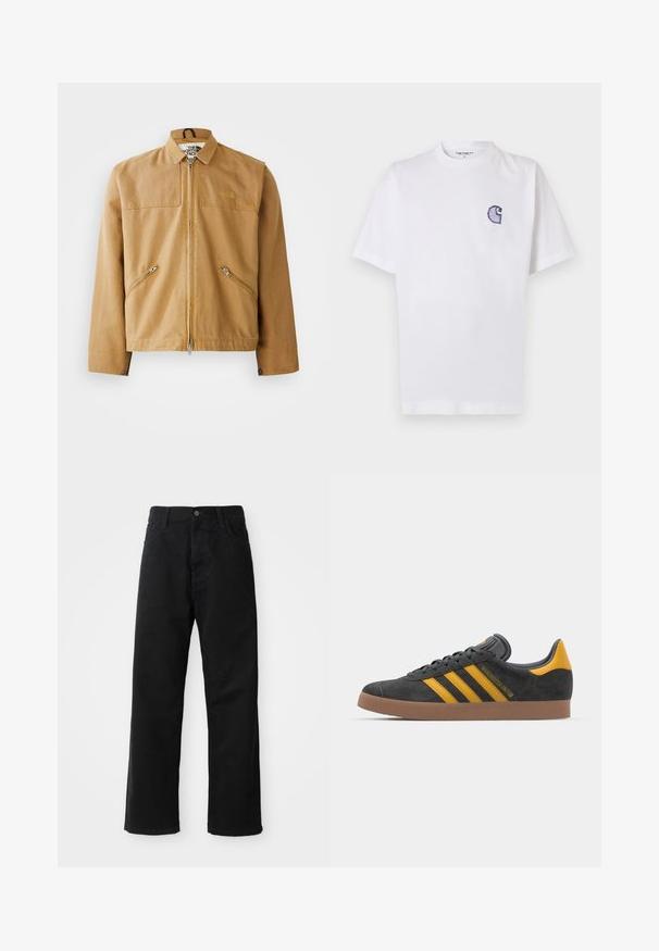 Smeđi jakna s patentnim zatvaračem, ovratnikom, dva kosi bočna džepa i logom na lijevoj strani prsiju. Izrađena od glatkog, izdržljivog materijala.; Bijela pamučna majica kratkih rukava, s okruglim izrezom i malim, plavim izvezenim logom "C" na lijevoj strani prsa.; Crne traperice ravnog kroja, s prednjim džepovima, patentnim zatvaračem i jednim gornjim dugmetom. Teksturirana tkanina s mat završetkom.; Crne nubuk tenisice s žutim detaljima, sa tri pruge i smešnim gumenim potplatom. Imaju jastučić na jeziku za udobnost.