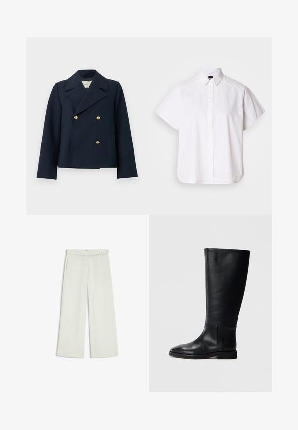 Navy bluessa kaksirivine takki, joka on valmistettu teksturoidusta kankaasta ja jossa on suuret kultanapit ja leveä kaulus. Sovitettu malli pitkillä hihoilla.; Valkoinen lyhythihainen nappikauluspaita, jossa on terävä kaulus ja kaareva helma. Valmistettu puuvillasta, jossa on sileä pinta ja ei havaittavissa olevia kuvioita.; Housut leveillä lahkeilla vaalean kermaisessa kankaassa, jossa on sivutaskut, litteä etuosa ja yksi nappikiinnitys vyötäröllä. Silkkinen pinta.; Mustat nahkaiset polvipituiset saappaat, joissa on pyöreä kärki, sileä pinta, minimalistinen muotoilu ja tasapohja. Yksinkertaiset sauman yksityiskohdat varressa.