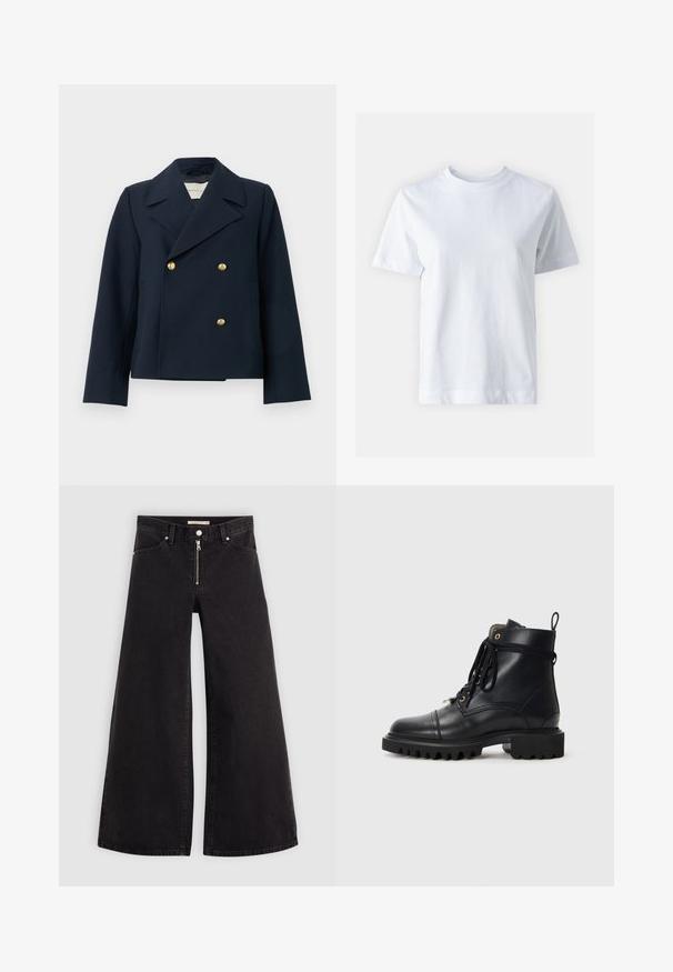 Marineblå dobbeltbrystet jakke fremstillet af struktureret stof, med store guldknapper og en bred revers. Skræddersyet pasform med lange æbler.; Hvid bomulds t-shirt med rund halsudskæring, korte ærmer, lige snit og glat tekstur. Ingen mønstre eller dekorationer.; Vide ben jeans i sort denim med lynlås foran, fem lomme-design og subtile stikninger. Glat tekstur og afslappet stil.; Sort læder ankelstøvle med rund tå, robust gummisål, snørebånd og et træktab; har guldøjer og stikninger.