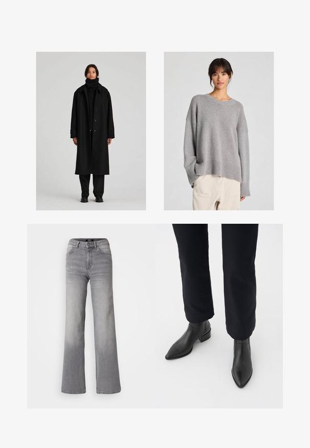 Mustritud must pikk mantel laia krae, nööbiraudade ja lõdva lõikega. Seljas must sobiv kõrge kaelusega ja pükste peal, tekstuuriga kangas.; Halli kootud sveter, millel on vabalt langev lõige, ümar kaelus, soonikuga mansetid ja ääred. Pehme tekstuur ning õrn kootud muster. Kombineeritud heledate pükste kanssa.; Kõrge vöökoht, sirged hallid teksad, millel on ees nupp ja lukku, ees ja taga taskud ning hägune varjund reitel ja sääremarjadel.; Mustadast nahast pahkluu saapad, terava nina, ploki konts ja tekstuuriga külgpaneelid, kantud tumedate pükste juurde valge taustaga.