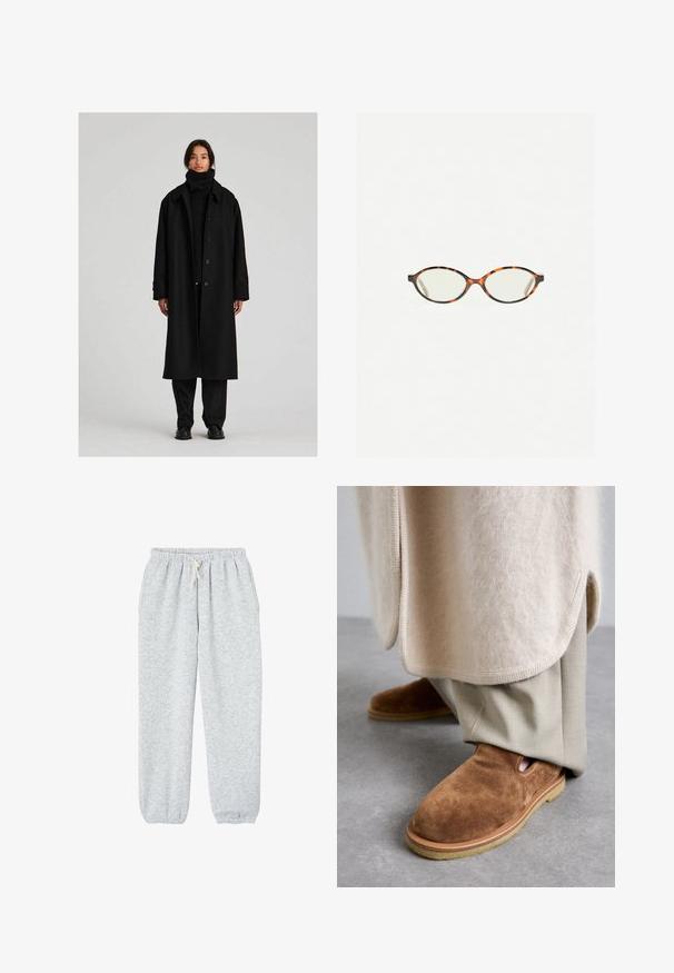 Cappotto lungo nero con ampio collo, chiusure a bottoni e vestibilità comoda. Indossato sopra un dolcevita nero abbinato e pantaloni in tessuto testurizzato.; Maglione grigio corto realizzato in materiale morbido e peluche. Presenta maniche lunghe e un collo tondo, con una texture liscia e leggera.; Pantaloni grigi in felpa realizzati in tessuto morbido, con vita elasticizzata e cordino, e polsini elasticizzati alle caviglie.; Scarpe slip-on in suede marrone con punta tonda, suola in gomma e dettagli a taglio laterale, abbinate a pantaloni beige chiaro su misura.; Occhiali in tartaruga con lenti ovali e una finitura liscia e elegante. Presentano aste sottili con una leggera curva alle tempie. Lenti trasparenti.; Sciarpa in cashmere grigio chiaro con un design intrecciato, morbida al tatto e con le estremità appuntite. Presenta un piccolo etichetta con le informazioni sul marchio in alto.