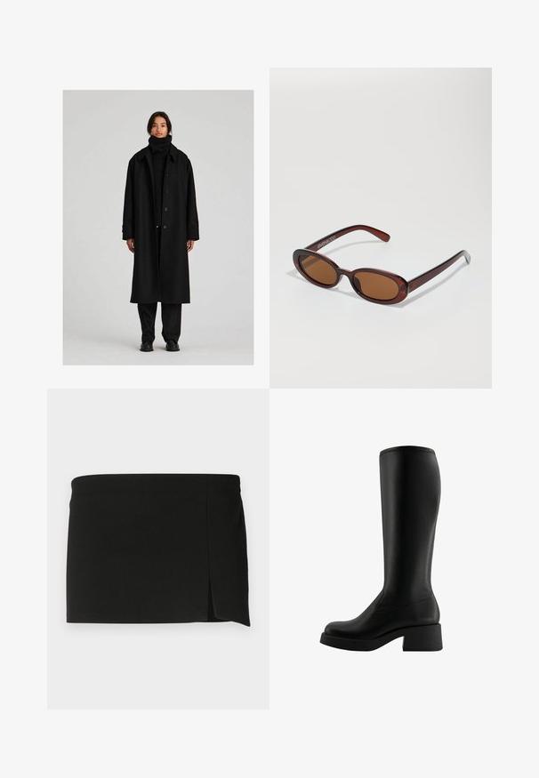 Črn dolg plašč z širokim ovratnikom, gumbi in sproščenim krojem. Obut nad ujemajočim črnim rolakom in hlačami iz teksturirane tkanine.; Dolgimi rokavi v kremni barvi, z rahlim nabiranjem ob straneh in klasičnim ovratnikom. Gladka tekstura, preprost dizajn.; Črna mini krilo z ravnim rezom, ki ima rahlo sprednje razporko. Narejeno iz gladkega, raztegljivega materiala za udobje in prileganje.; Črne škornje do kolen, izdelane iz gladkega sintetičnega materiala, s kvadratno bloko peto in minimalistišnimi šivi za eleganten dizajn.; Okrogle, rjavo obarvane sončne naočare z sijočim burgundskim okvirjem. Tanek nosilec s subtilnim logotipom. Oblika leč je ravna.; Črna usnjena hobo torba z mehko, ukrivljeno obliko. Ima širok zgornji ročaj in gube na dnu, kar daje torbi udoben izgled.