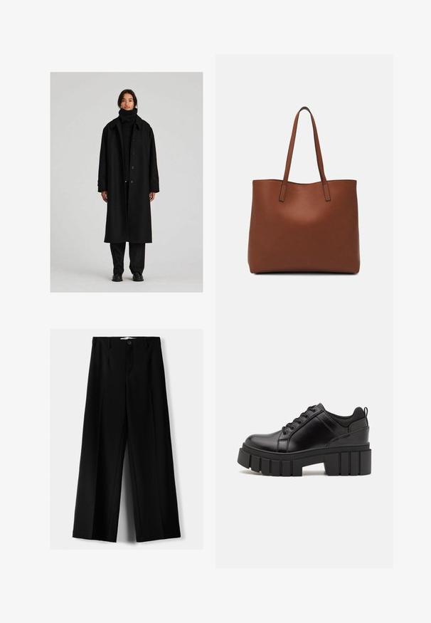 Črn dolg plašč z širokim ovratnikom, gumbi in sproščenim krojem. Obut nad ujemajočim črnim rolakom in hlačami iz teksturirane tkanine.; Dve dolge majice z dolgimi rokavi: ena črna in ena bela. Obe imata okroglo ovratnico, raglan rokave in mehko mešanico bombaža.; Črne široke hlače iz lahkega materiala, z zapiranjem na gumb spredaj in ravnim sprednjim delom, s skrbno zašiti robovi.; Črne usnjene platforme z debelim blokastim petam, okroglo konico in klasičnim vezanjem. Imajo gladko teksturo in minimalne podrobnosti.; Rjava usnjena torba z gladko teksturo, odprto zasnovo zgoraj in dvema naramnima trakovoma. Opremljena je z minimalnim šivanjem in brez vidnih kovinskih delov.