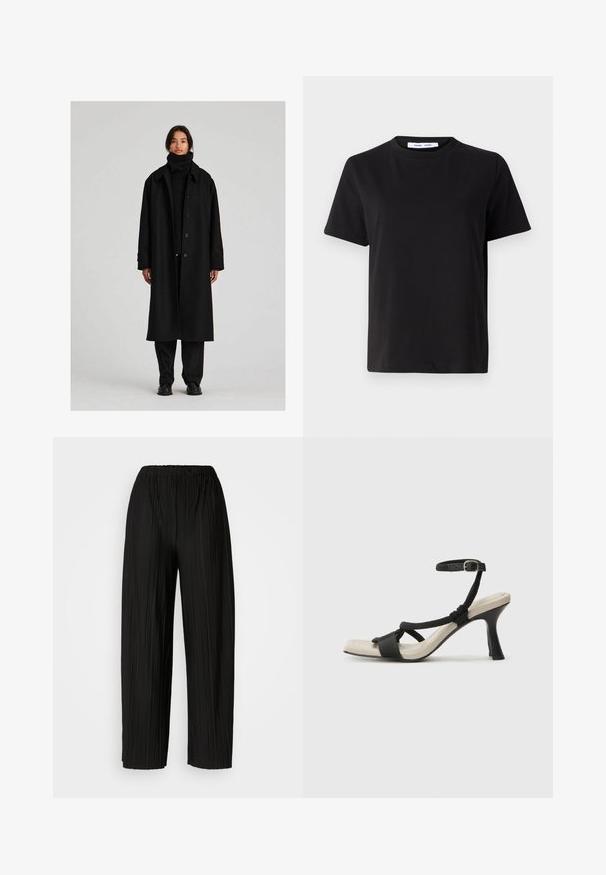 Juodas ilgas paltas su plačiu apykakle, mygtukų užsegimais ir laisvu kirpimu. Dėvimas virš atitinkamo juodo golfo ir kelnių, su tekstūruotu audiniu.; Juodas trumpas rankovės marškinėliai, pagaminti iš minkštos medvilnės, su apvaliu iškirpimu, laisvu pritaikymu ir lygiu paviršiumi. Nėra matomų raštų ar grafikos.; Juodos plisuotos plačios kojos kelnės su elastine juostos. Medžiaga pasižymi vertikaliomis plokštelėmis ir lygiu paviršiumi.; Juodų aukštakulnių sandalų su pintu dirželiu dizainas, kvadratine nosimi ir reguliuojamu kulkšnies dirželiu. Šviesiai bežė padas su blizgiu juodu kulnu.