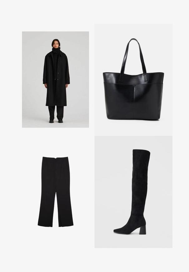 Svart lång kappa med bred krage, knappknäppning och avslappnad passform. Bärs över en matchande svart polotröja och byxor i texturerad tyg.; Vit kortärmad ribbad topp med rund halsringning. Mjuk textur och avslappnad passform, med en enkel design utan ytterligare mönster.; Svarta byxor med rak passform, utrustade med framfickor och sidoklyvningar vid fållen. Tillverkade av mjukt, slätt tyg. Lämpliga för olika tillfällen.; Svarta mocka knähöga stövlar med klack, spetsig tå och slät, sömlös design mot en ljus, enfärgad bakgrund.; Svart läder tote-väska med två långa handtag, en slät yta och en strukturerad form. Har en framficka för extra förvaring.