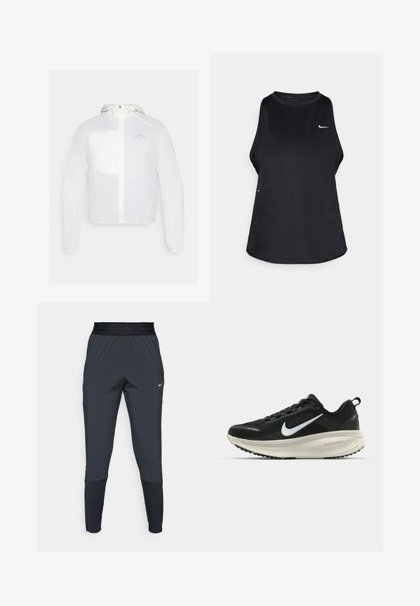 Valge kerge jakk kapuutsiga, millel on luku ees ja silmaaugu tasku ning tagasihoidlik logo detail. Sile tekstuur ja minimaalne disain.; Must have musta vaba varrukaga jooksu särk, mis on valmistatud kergest materjalist, ümar kaelus; sisaldab diskreetset logo ja külgmisi lõhesid, et tagada hingavus.; Nike spordipüksid tumeshallis, kitsa jala disainiga, elastse vöökoha ja aktsentdetailidega pahkluude lähedal.; Musthave mustus Nike jooksujalats, millel on hingav võrgust ülemine osa, valge swoosh logo, tekstuuriga detailid ja kreemja värvusega ZoomX vahevöö.