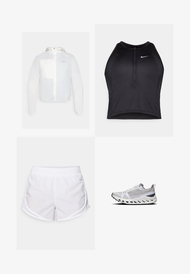 Chaqueta ligera blanca con capucha, que presenta un cierre de cremallera al frente, un bolsillo de malla y un discreto detalle del logo. Textura suave y diseño minimalista.; Top corto deportivo negro con cremallera frontal, detalles de malla y un diseño ajustado. Fabricado con tejido elástico y transpirable. Logo de Nike en la parte frontal.; Pantalones cortos deportivos blancos hechos de tela ligera y transpirable. Cuentan con una cintura elástica y paneles de malla en los lados, con un pequeño acento en azul del logo.; Zapatillas deportivas blancas con parte superior de malla, acentos grises, suela con amortiguación gruesa y múltiples agujeros de ventilación a lo largo del borde inferior.