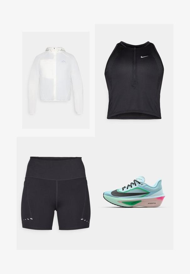 Biała, lekka kurtka z kapturem, z zamkiem z przodu, siateczkową kieszenią i subtelnym logo. Gładka faktura i minimalistyczny design.; Czarny sportowy crop top z zamkiem z przodu, z siateczkowymi akcentami i dopasowanym krojem. Wykonany z elastycznego, oddychającego materiału. Logo Nike z przodu.; Czarne sportowe spodenki o gładkiej fakturze, z wyższym stanem i kontrastującymi białymi detalami po bokach. Wykonane z elastycznego, oddychającego materiału.; Jasnoniebieskie buty biegowe z teksturowaną czarną siateczką na górze, zielonymi akcentami, różowym śródpodeszwą i gumową podeszwą. Posiada sznurówki i logo.