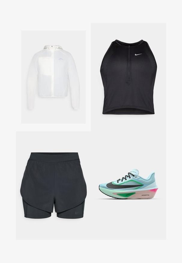 Witte lichtgewicht jas met capuchon, voorzien van een rits, mesh zak en subtiele logodetail. Gladde textuur en minimalistisch ontwerp.; Zwarte atletische crop top met een rits aan de voorkant, mesh accenten en een aansluitend ontwerp. Gemaakt van rekbare, ademende stof. Nike-logo aan de voorkant.; Zwarte sportshorts met een gelaagd ontwerp, voorzien van een gladde buitenlaag en aansluitende binnen shorts. Gemaakt van lichtgewicht, rekbare stof.; Lichtblauwe hardloopschoen met een gestructureerde zwarte mesh bovenkant, groene accenten, een roze getinte tussenzool en een rubberen buitenzool. Bevat veters en branding.