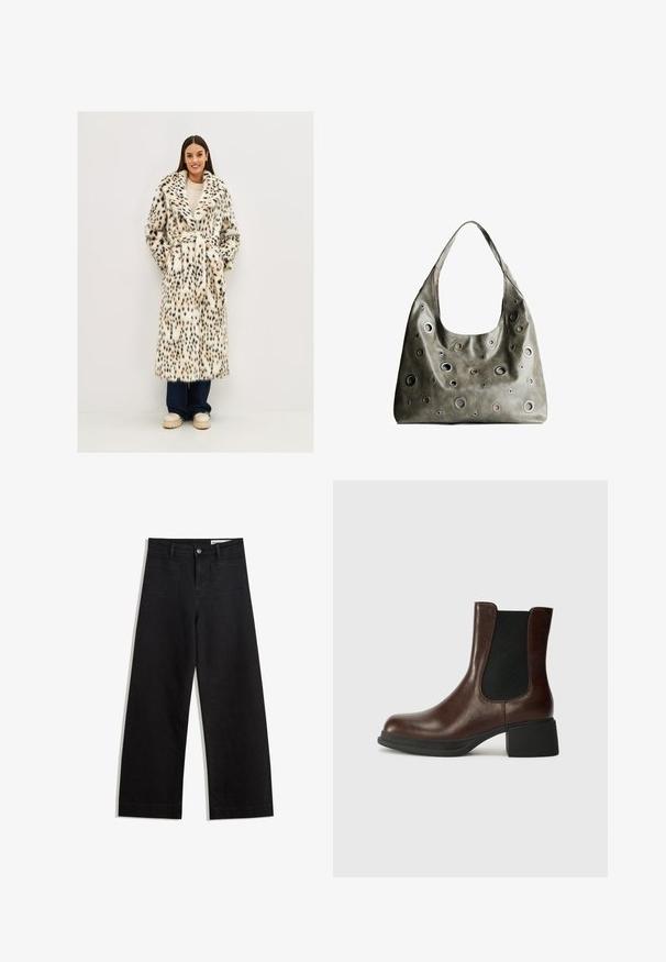 Krzneni kaput od umjetnog krzna sa bijelim i crnim leopard uzorkom, dugim rukavima, velikim ovratnikom i pojasom u struku. Nosi se preko svijetle majice i tamnih traperica.; V-izrez, kremasti pulover s rebrastom teksturom, slobodnog kroja i dugim rukavima. Mekan materijal, skraćena dužina, s suptilnim pletenim uzorkom.; Crne široke traperice s visokim strukom, s prednjim i stražnjim džepovima, šivenim šavovima i kopčanjem na gumb. Glatka tekstura.; Smeđa kožna čizma do gležnja s zaobljenim prstom, elastičnim bočnim panelom i debelim crnim potplatom. Glatka tekstura s minimalističkim dizajnom.; Maslinasto zeleni kožni ručni kovčeg s opuštenim dizajnom, s raznim kružnim izrezima različitih veličina i naglascima u tamnijim i svjetlijim nijansama.