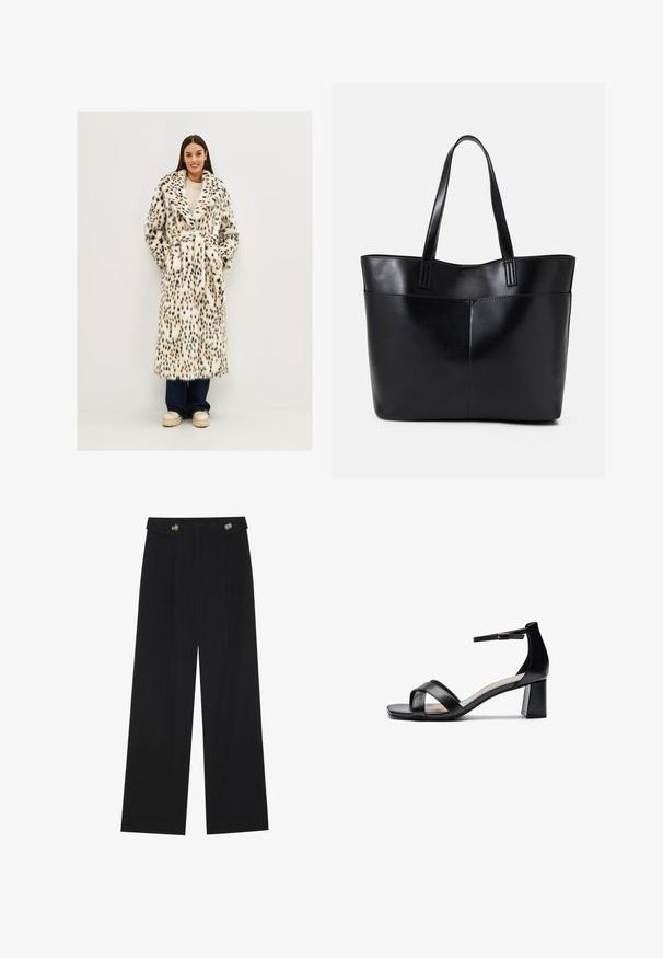 Műszőrme kabát fehér és fekete leopárdmintával, hosszú ujjakkal, nagy gallérral és övvel a derékon. Egy világos pulóver és sötét farmer alatt viselve.; Fekete, hosszú ujjú felső, egy vállra szabott kialakítással, texturált redőzéssel az elején és sima anyagfelülettel.; Fekete, bő szárú nadrág magas derékkal, gombos részletekkel a derékrészen és elülső pliszékkal.; Fekete, nyitott orrú, sarokkal ellátott szandál keresztbe tett pántokkal, állítható bokapánttal és vastag sarokkal, sima bőrtapintással.; Fekete bőr bevásárlótáska két hosszú fogantyúval, sima felülettel és strukturált formával. Elülső zseb található rajta a plusz tárolás érdekében.