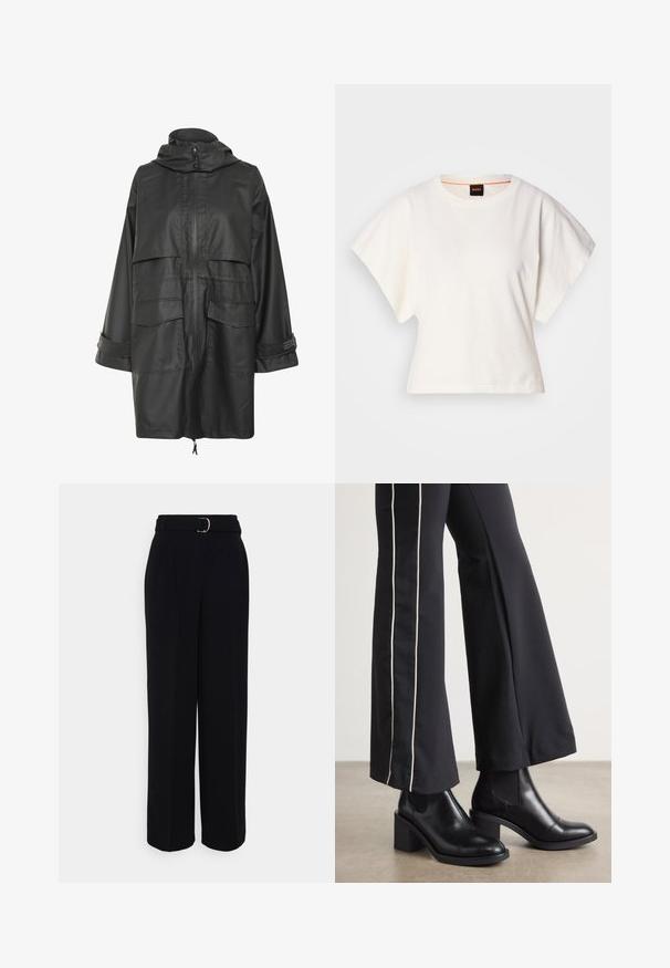 Gestuz KILA RAINCOAT - Parka - black; Balts īsais T-krekls, plašas īsas piedurknes, mīksts kokvilnas materiāls, apaļa kakla izgriezums ar delikātu oranžu apdari, minimāls dizains, bez rakstiem vai grafikām.; Melnas pielāgotas bikses ar plašu kāju siluetu, ar jostu ar sudraba sprādzi, krokām un gludu auduma faktūru.; Melnas ādas potīšu zābaki ar blokveida papēdi, aprīkoti ar elastīgām sānu paneļiem. Kombinēti ar melniem biksēm, kuru sānos ir baltas svītras.