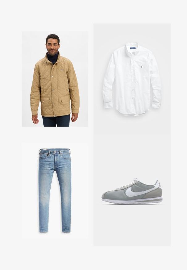 Giacca trapuntata color tan con colletto alto, bottoni a scatto e due tasche frontali. Il design presenta un logo discreto sul petto.; Camicia bianca a maniche lunghe con bottoni in cotone. Presenta un colletto classico, polsini a bottone e un piccolo logo ricamato in blu navy sul petto.; Jeans slim fit blu chiaro con leggere sfumature sulle cosce, chiusura con bottone anteriore, passanti per cintura e cinque tasche su uno sfondo bianco.; Scarpa sportiva grigia con tomaia in camoscio e tessuto, swoosh Nike bianco e lacci bianchi. Presenta una suola in gomma testurizzata e un collare imbottito.