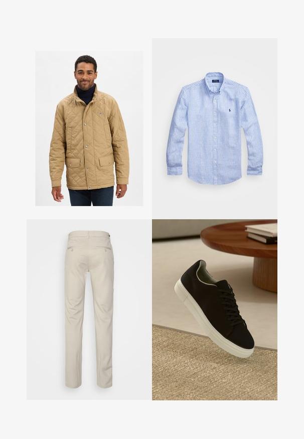 Brūns quiltots mētelis ar stāvošu apkakli, spiedpogu aizdari un divām priekšējām kabatām. Dizains ietver izsmalcinātu logo uz krūšu.; Zila un baltā svītru garām piedurknēm krekls izgatavots no kokvilnas, ar pogājamu apkakli, priekšējām pogām un nelielu izšūtu logotipu uz krūtīm.; Bežīgas bikses ar gludu tekstūru, taisnas kājas, divas aizmugurējās kabatas ar pogām un standarta jostas vietu.; Melni sporta apavi ar baltu zoli, kas peld virs bēša tekstūrēta paklāja netālu no apaļa koka galda ar sakrautiem grāmatām.