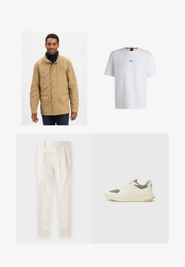 Ταμ χρωματισμένο τζάκετ με κουκούλα, κουμπιά καστάνιας και δύο μπροστινές τσέπες. Ο σχεδιασμός περιλαμβάνει ένα διακριτικό λογότυπο στο στήθος.; Λευκό βαμβακερό t-shirt με κοντά μανίκια, με μαύρο λογότυπο "BOSS" κεντραρισμένο στο στήθος και στρογγυλό σχέδιο λαιμόκοψης.; Λευκό, πτυχωτό παντελόνι με προσαρμοσμένη εφαρμογή, που διαθέτει λεία υφή, θηλύκια για ζώνη και κωνικά πόδια. Χωρίς ορατές τσέπες ή σχέδια.; Λευκό και ανοιχτό μπεζ αθλητικό παπούτσι, με επάνω μέρος από διχτυωτό υλικό, διακοσμήσεις με περφορέ και υφή στην ενδιάμεση σόλα με επωνυμία στη φτέρνα.