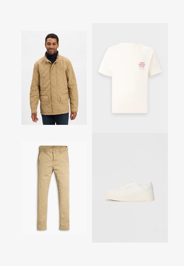 Chaqueta acolchada color beige con cuello alto, botones a presión y dos bolsillos delanteros. El diseño presenta un logotipo sutil en el pecho.; Camiseta blanca de manga corta con el texto rojo "Edición de Studio Originals" en el lado izquierdo del pecho, exhibida sobre un fondo gris neutro.; Chinos color beige de algodón, con diseño de pierna recta, bolsillos delanteros y traseros, y cierre de botón con trabillas para cinturón.; Zapatillas blancas tipo slip-on con una superficie texturizada, suela gruesa y diseño minimalista. Presenta el logo de la marca en un lado.