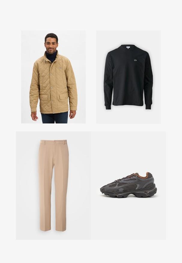 Kreemikumpust jope, millel on seisva kraega, nupud ja kaks esist pocketit. Kujundusel on rinnal diskreetne logo.; Must musta särk pikad varrukad, valmistatud puuvillast, ümar kaelus ja vasakul rinnal väike rohelise värvi tikandiga krokodillilogoga.; Beezid püksid, mis on valmistatud siledast kangast, sirge jala lõikega, ees nupuga kinnitamisega ja peente kortsudega ees.; Tumed hallid Lacoste tossud, mis on valmistatud võrkkangast ja sünteetilisest materjalist, omavad tekstureeritud talla ning pruune aktsente kaeluse ja brändingu juures.