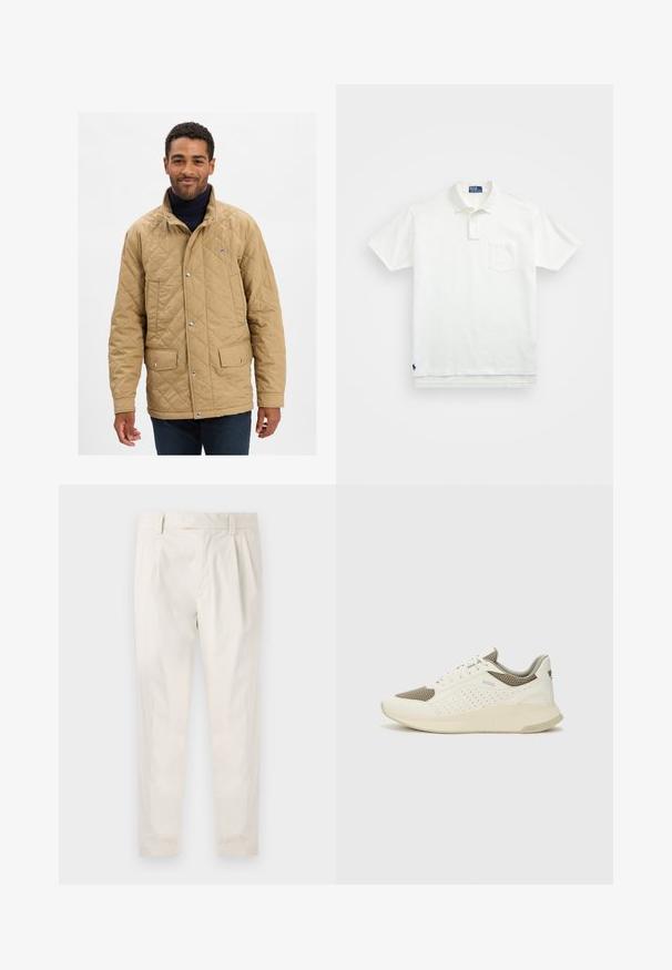 Tan quilted jacket with a standing collar, snap buttons, and two front pockets. The design features a subtle logo on the chest.; White polo shirt made of cotton, featuring a classic collar, three-button placket, and a left chest pocket; small logo at the hem.; White, pleated trousers with a tailored fit, featuring a smooth texture, belt loops, and tapered legs. No visible pockets or patterns.; White and light beige athletic sneaker, featuring a mesh upper, perforated detailing, and a textured midsole with branding on the heel.