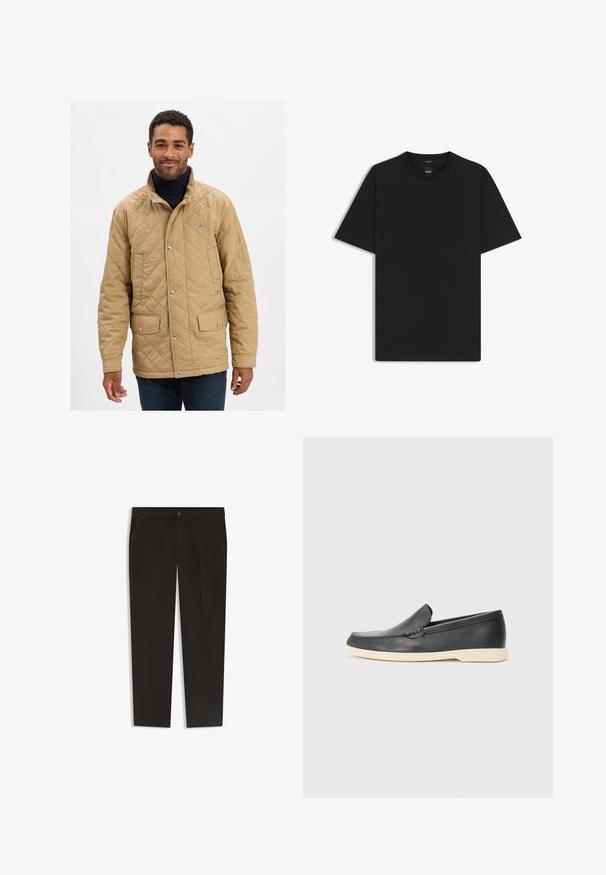 Tan quilted jacket with a standing collar, snap buttons, and two front pockets. The design features a subtle logo on the chest.; Black short-sleeve T-shirt made from a smooth cotton blend, featuring a crew neckline and a minimalistic design with no patterns or accents.; Black trousers with a straight leg design, made from a smooth fabric. Features a button closure and front pockets. No visible patterns or accents.; Black leather slip-on loafers with a textured finish and a contrasting beige rubber sole. Features a subtle accent along the front.
