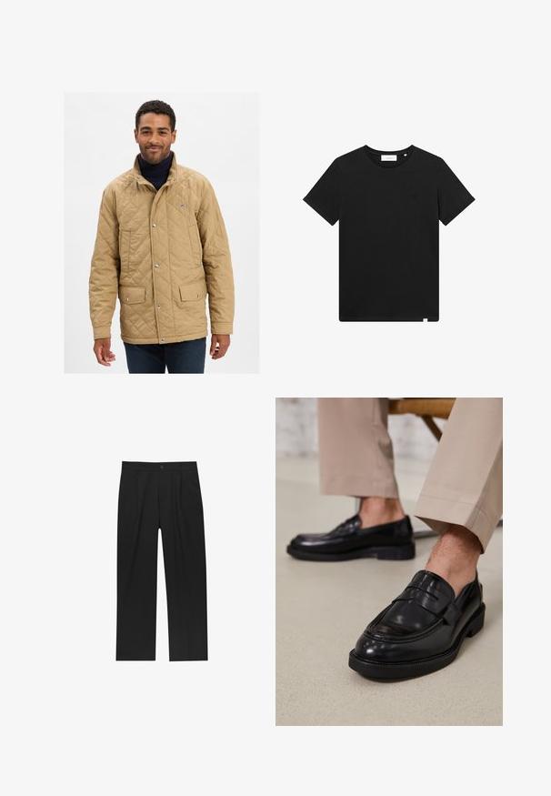 Kerman takki, jossa on pystykaulus, nepparivetoketju ja kaksi etutaskua. Suunnittelussa on hillitty logo rinnassa.; Lyhythihaine musta T-paita, joka on valmistettu puuvillasta. Paidassa on pyöreä pääntie ja pieni brodeerattu logo rinnassa. Sujuva rakenne, normaali istuvuus.; Mustat housut suoranlahkeisella muotoilulla, valmistettu sileästä kankaasta. Ominaisuuksiin kuuluu etupleateet ja yksi nappikiinnitys vyötäröllä.; Musta nahkakengät, joissa on sileä pinta, koristetasku ja kontrastisomistus, yhdistettynä vaaleanbeigeihin housuihin.