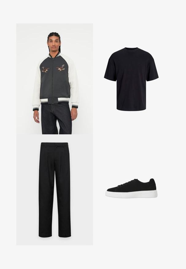 Bomber-jakk, millel on tumehall kere, valged varrukad ja tikitud kotka disain. Ribitud mansetid ja vöökoht, tõmblukk ning küljetaskud.; Must must on mustre, lühikeste varrukatega ja vabalt langev. Sile tekstuur ja ilma nähtavate mustrite või aktsentideta.; Mustad mustadest riietest, millel on sirge jalgade disain, kaks eesmist voltimist ja tavaline vöökoht, millel on vöökohad.; Must musta ketsid ümarate varvastega, lukk ees ja valge kummist taldadega. Lihtne disain minimaalse aktsentiga ja siledat tekstuuri.