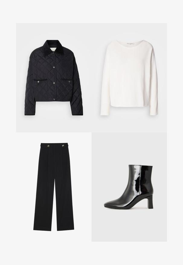 Črna prešita jakna s skrajšano zasnovo, žametni ovratnik, zapiranje na gumbke, ter dvema sprednjima žepoma s srebrnimi kovinskimi detajli.; Majica dolgih rokavov, okroglega izreza iz mehke, lahke bele tkanine z sproščenim krojem. Ima čist rob in brez vidnih dodatkov.; Črne široke hlače s visokim pasom, gumbnimi detajli na pasu in sprednjimi gubami.; Črne lakirane gležnjarje z ošiljenim nosom in srednje visokim blokastim peto. Gladka tekstura in minimalističen dizajn.