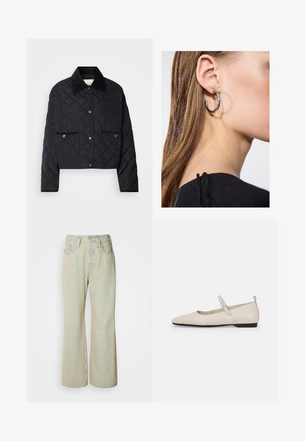 Juodas siuvinėtas švarkas su sutrumpintu dizainu, velveto apykakle, snapinio užsegimo ir dviem priekinėmis kišenėmis su sidabriniais akcentais.; Balta medvilnės marškinėliai be rankovių su plačiu kaklu ir plonomis petnešėlėmis. Lygus paviršius be matomų raštų ar papuošimų.; Šviesiai mėlynos plataus kirpimo džinsai, pagaminti iš džinsinio audinio, su aukštu liemeniu, penkiomis kišenėmis ir subtiliu blukimu su kontrastingomis siūlėmis.; Balti odiniai Mary Jane batai su smailiu priekiu, šoniniu užsegimu ir žemu juodu kulniuku. Sklandus paviršius ir minimalistinis dizainas.; Sidabrinė lankinė auskarai su poliruotu paviršiumi, turintys mažus auksinius akcentus ir apvalią formą, dėvimi ant ausies kaušelio.