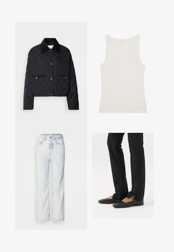 Black quilted jacket with a cropped design, corduroy collar, snap-button closure, and two front pockets with silver hardware accents.; White cotton tank top with a wide neckline and thin shoulder straps. Smooth texture with no visible patterns or embellishments.; Light blue high-waisted jeans with a straight leg fit, made of denim. Features a button fly, five-pocket design, and subtle faded texture.; Black leather ballet flats with a pointed toe, strap with silver buckle, paired with black tailored pants featuring a slit hem.