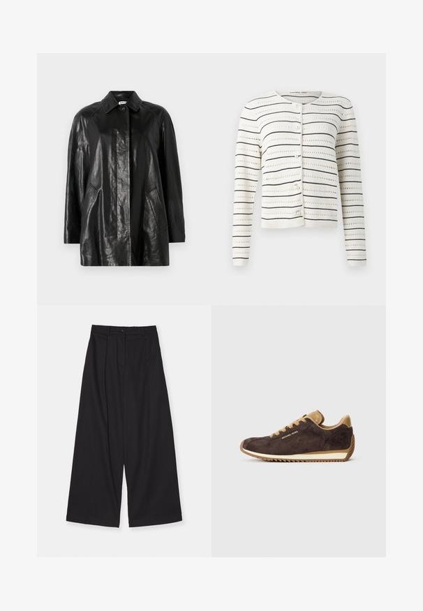 Giacca di pelle nera con collo a camicia, chiusura frontale con bottoni, due tasche laterali e vestibilità comoda. Texture liscia e design minimalista.; Cardigan bianco con strisce orizzontali nere e motivo a traforato. Presenta un collo rotondo e bottoni simili a perle lungo la parte anteriore.; Camicia bianca in cotone a maniche lunghe con colletto a punta, chiusura anteriore con bottoni e orlo arrotondato. Tessuto liscio, vestibilità regolare e senza fantasie.; Pantaloni neri a gamba larga realizzati in un tessuto liscio, con vita alta, pieghe frontali, chiusura con bottone e silhouette dritta.; Sneaker in suede marrone con accenti in pelle color tan, presenta lacci tondi, suola in gomma beige e logo "Michael Kors" sul lato esterno.
