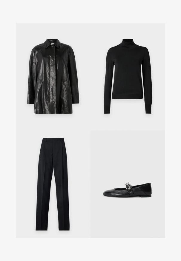 Must must värvi nahktagi kraega, esise nupuvajutusega, kahe küljetaskuga ja vabast lõikega. Sile tekstuur ja minimalistlik disain.; Mustmusterta mustaga pikkade varrukatega kõrge kaelusega sviiter, millel on ribakudumisega mansetid ja äär, esitatud lihtsal valgel taustal.; Mustad püksid siledast kangast, millel on kõrge vöökoht, laiad jalad, esimesed kortsud ja klassikalised vööloopid. Küljepockets pole nähtavad.; Mustadest nahast balleti kingad terava varbaga, millel on rihm ümmarguse metallist pandlaga ja lame tald.