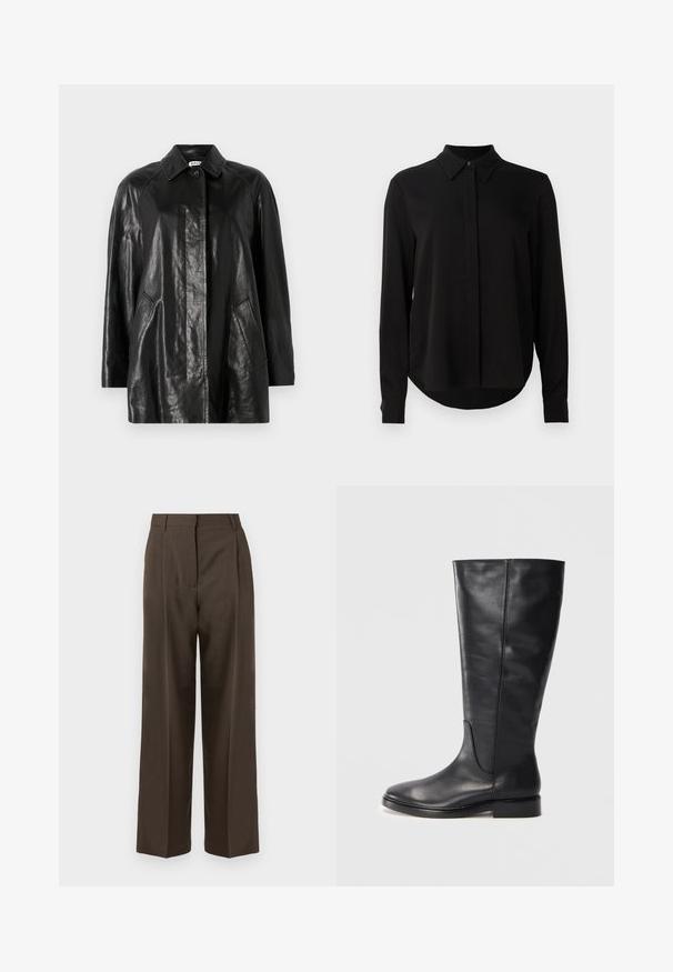 Fekete bőrdzseki, állógallérral, elől gombos záródással, két oldalsó zsebbel és laza szabással. Simább textúra és minimalista dizájn.; Fekete hosszú ujjú blúz hegyes gallérral, rejtett gombsorttal és ívelt aljjal egy sima fehér háttér előtt.; Barna, bő szárú nadrág sima textúrával, magas derékkal, elülső pleat-ekkel és testre szabott kialakítással. Nincsenek látható zsebek vagy díszítések.; Fekete, térd fölé érő bőrcsizma alacsony sarokkal és kerek orral, amelyen varrási részletek láthatók a szár és a felsőrész mentén.